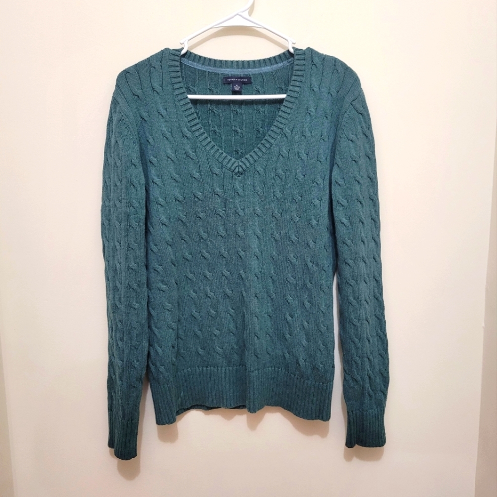 Tommy Hilfiger Sweater Classic Green Cable Knit Women XL 100% Cotton.